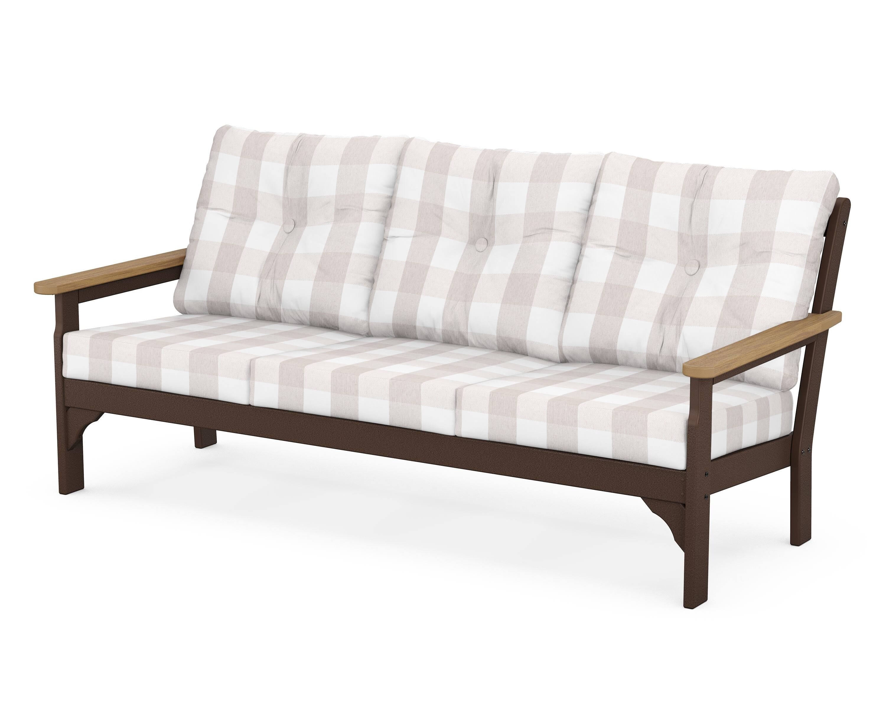 POLYWOOD® Vineyard Deep Seating Sofa in Mahogany / Natural / Buffalo Plaid Dune Burlap