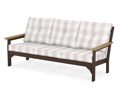 POLYWOOD® Vineyard Deep Seating Sofa in Mahogany / Natural / Buffalo Plaid Dune Burlap