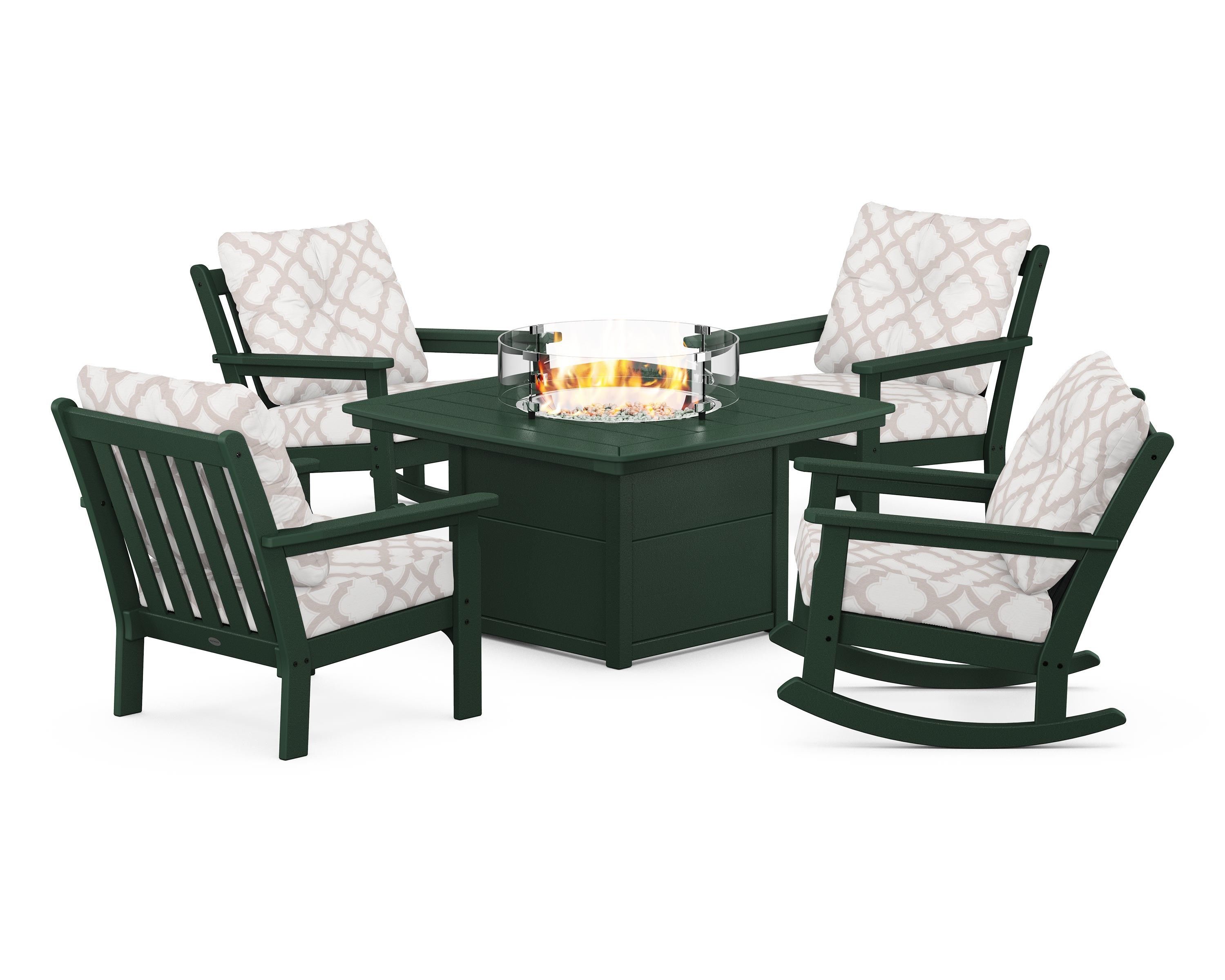 POLYWOOD® Vineyard 5-Piece Deep Seating Rocking Chair Conversation Set with Fire Pit Table in Green / Trellis Dune Burlap
