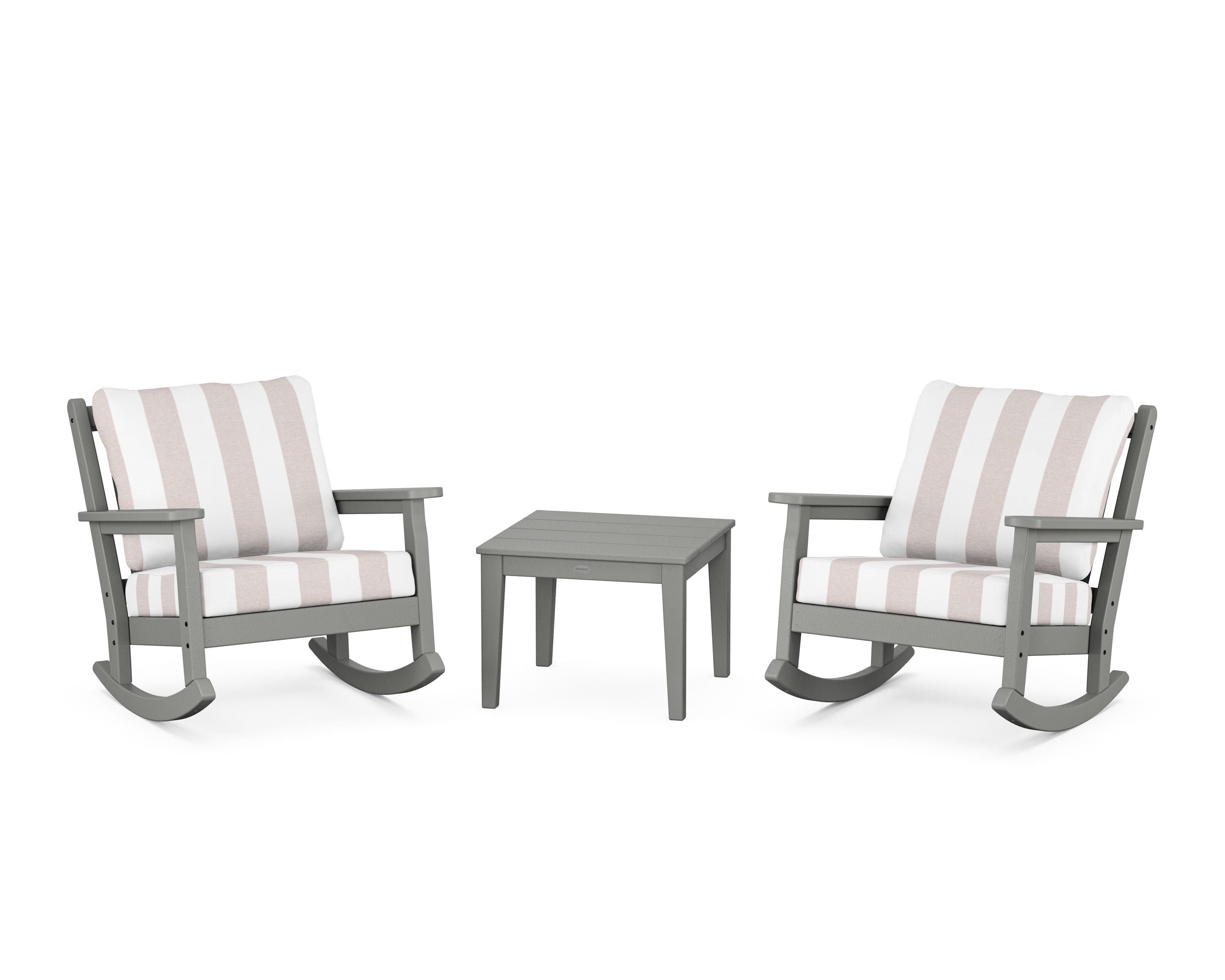 POLYWOOD® Chippendale 3-Piece Deep Seating Rocker Set in Slate Grey / Cabana Stripe Dune Burlap