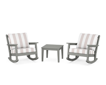 POLYWOOD® Chippendale 3-Piece Deep Seating Rocker Set in Slate Grey / Cabana Stripe Dune Burlap