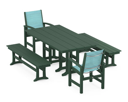 POLYWOOD® Coastal 5-Piece Farmhouse Dining Set in Green / Dupioni Aquamarine Sling