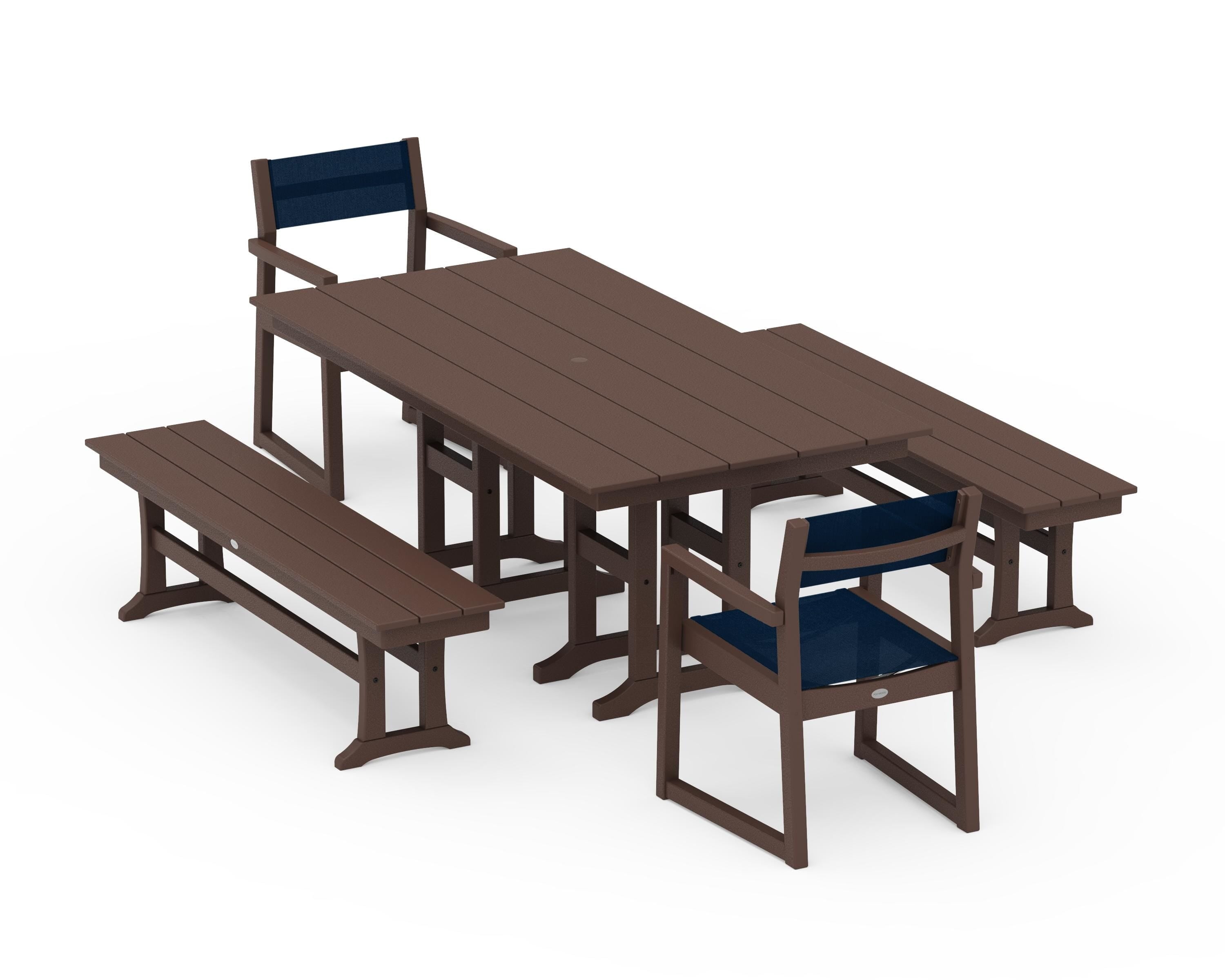 POLYWOOD® EDGE Sling Arm Chair 5-Piece Farmhouse Dining Set with Benches in Mahogany / Navy Blue Sling