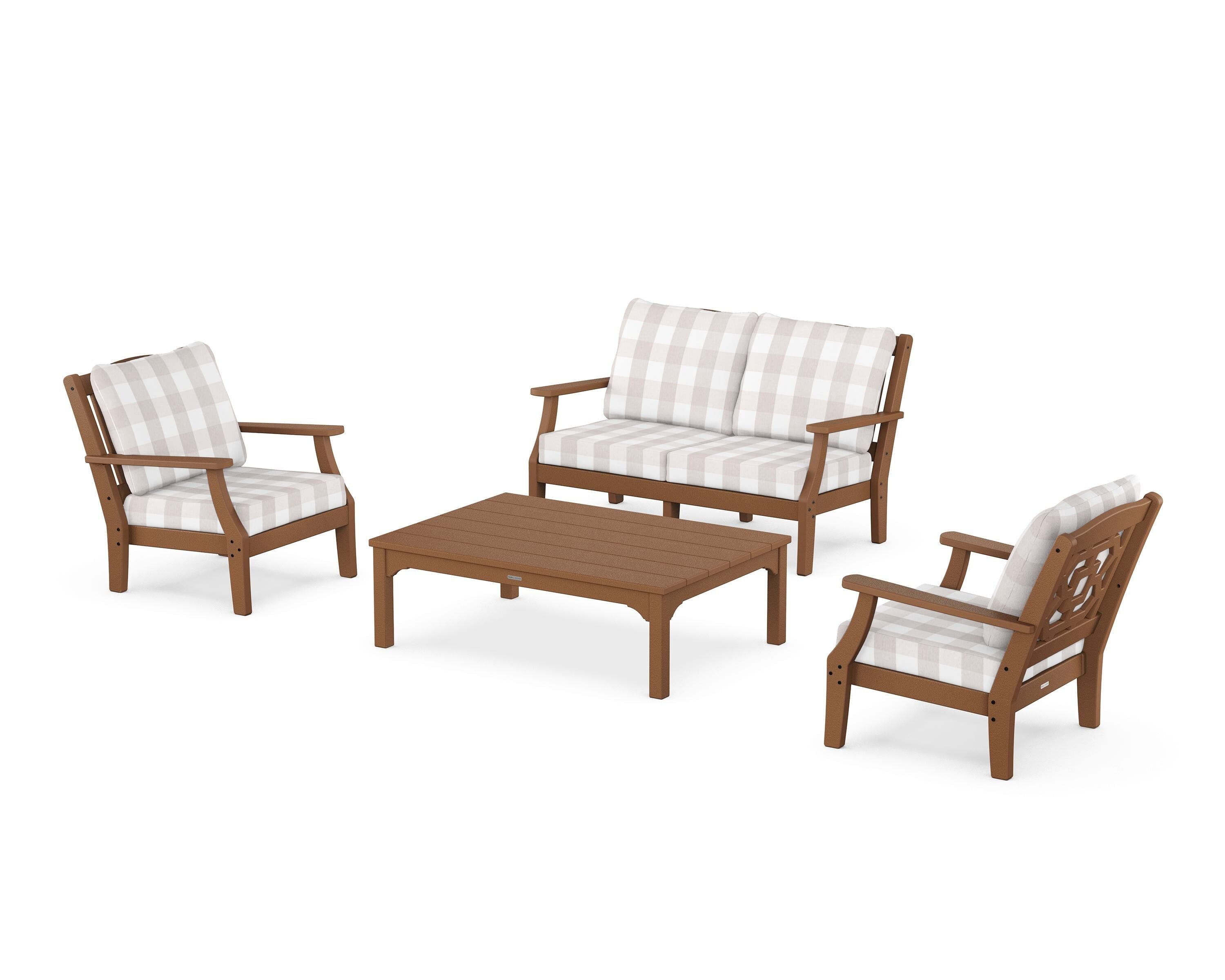 Martha Stewart by POLYWOOD® Chinoiserie 4-Piece Deep Seating Set with Loveseat in Teak / Buffalo Plaid Dune Burlap