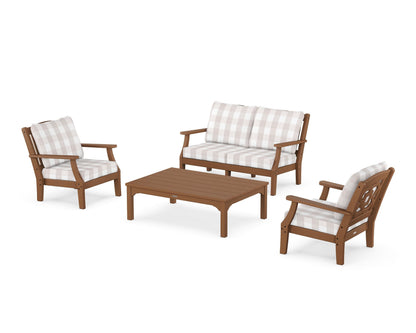 Martha Stewart by POLYWOOD® Chinoiserie 4-Piece Deep Seating Set with Loveseat in Teak / Buffalo Plaid Dune Burlap