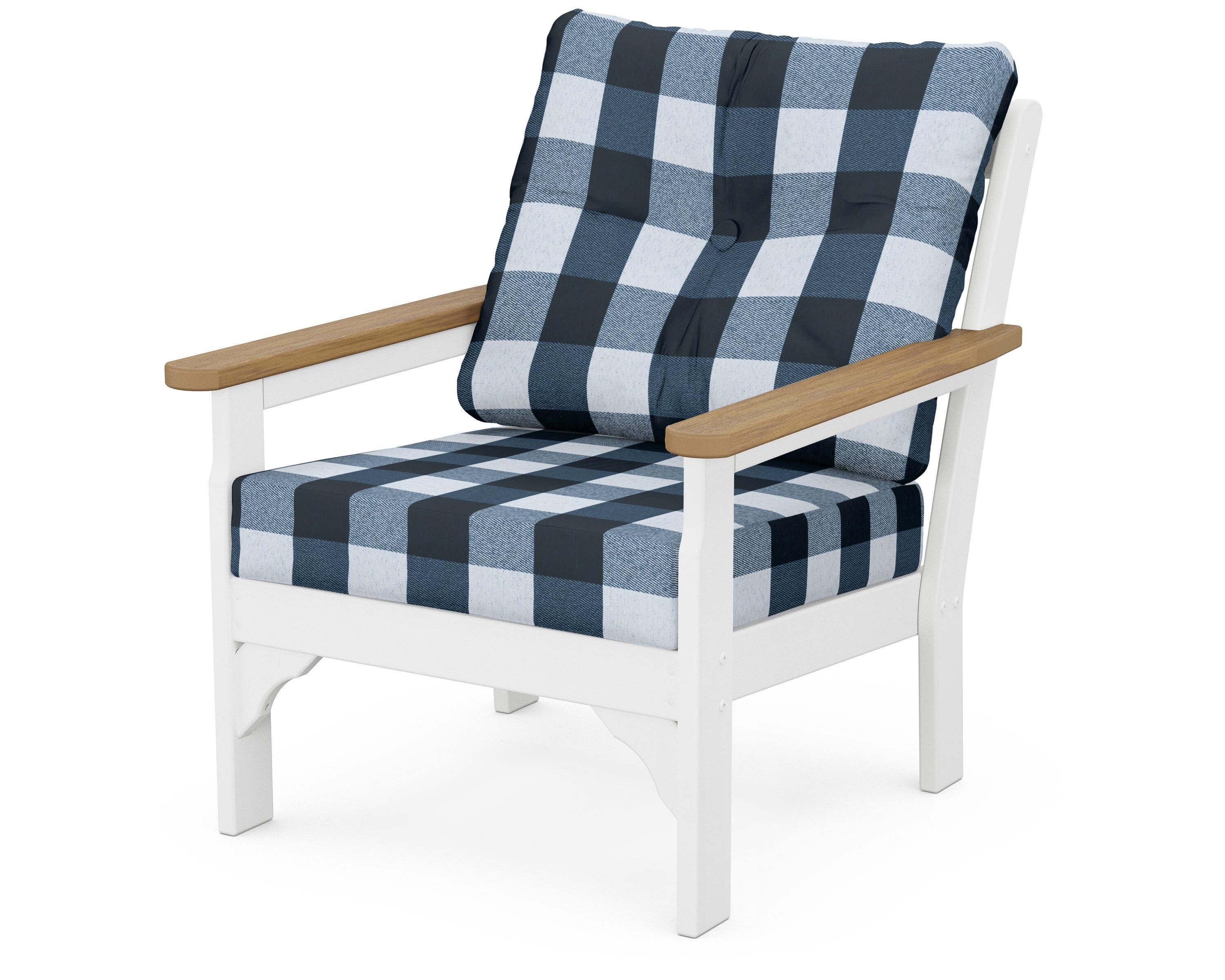 POLYWOOD® Vineyard Deep Seating Chair in White / Natural / Buffalo Plaid Marine Indigo