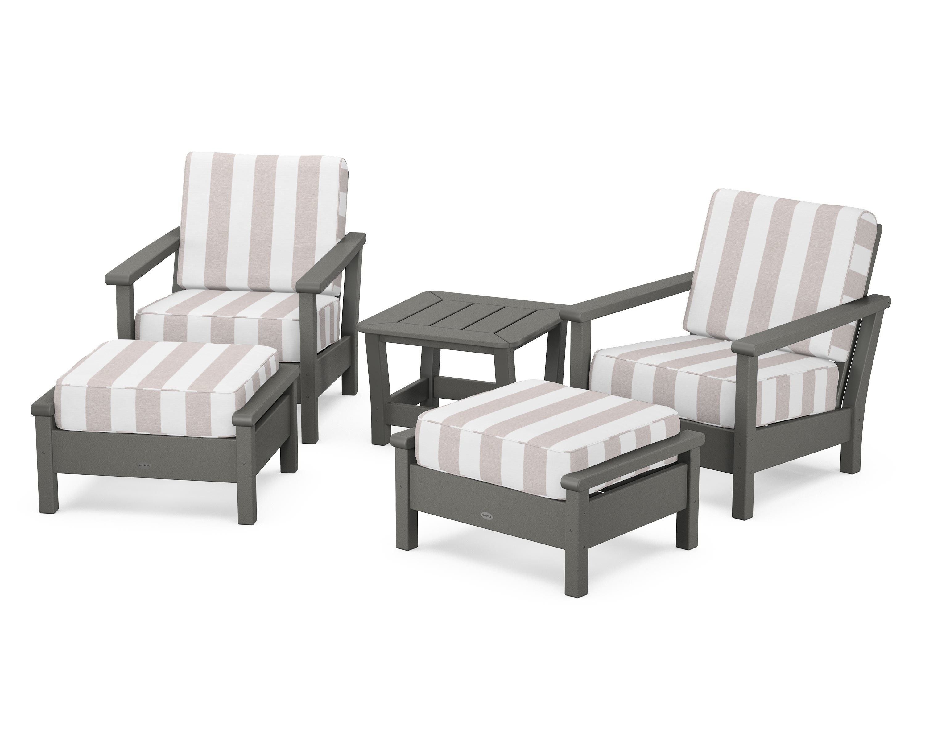 POLYWOOD® Harbour 5-Piece Deep Seating Chair Set in Slate Grey / Cabana Stripe Dune Burlap