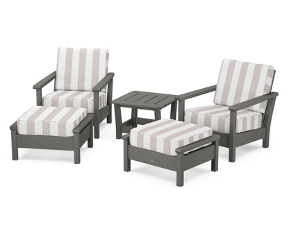 POLYWOOD® Harbour 5-Piece Deep Seating Chair Set in Slate Grey / Cabana Stripe Dune Burlap