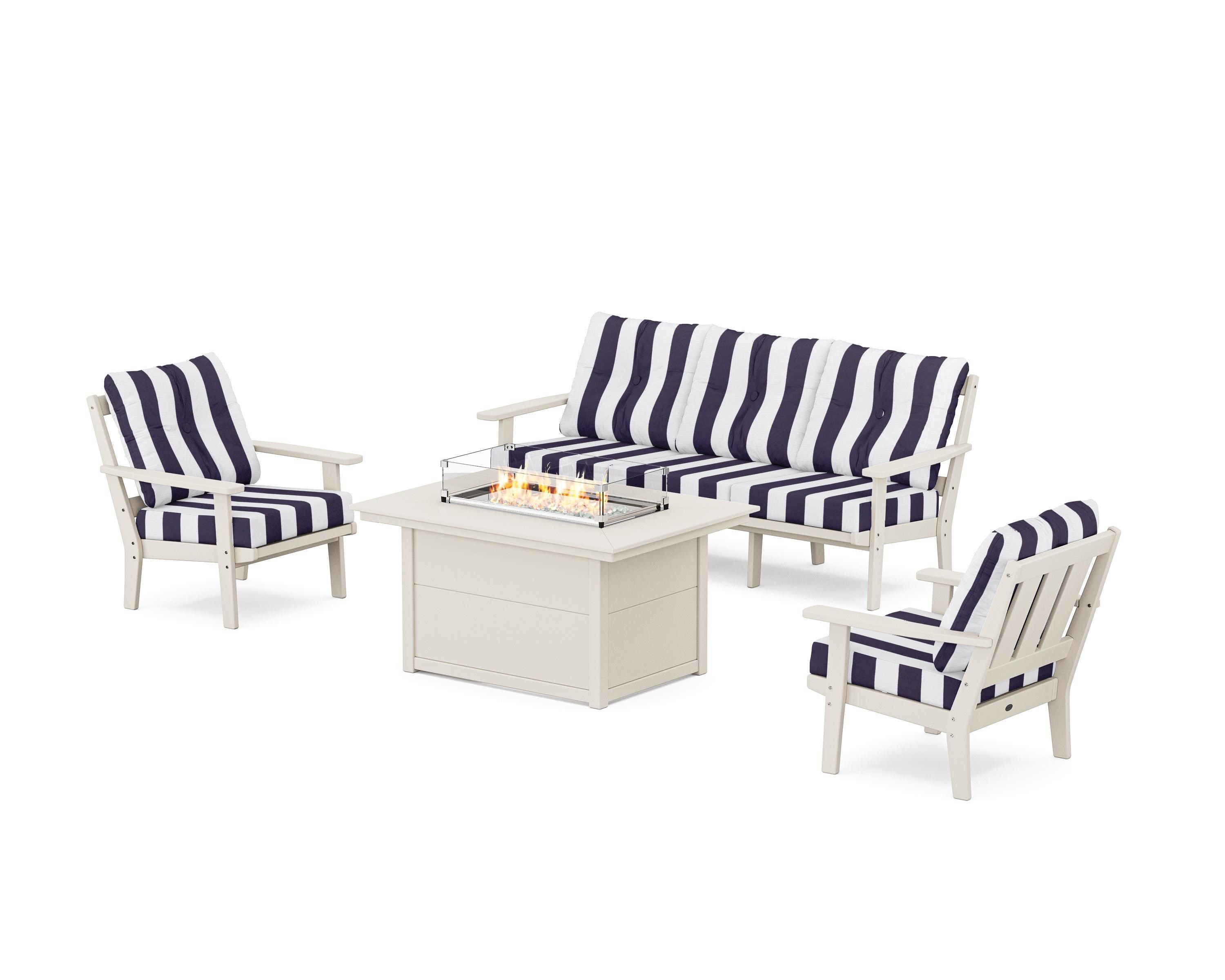 POLYWOOD® Oxford Deep Seating Fire Pit Table Set in Sand / Cabana Stripe Navy