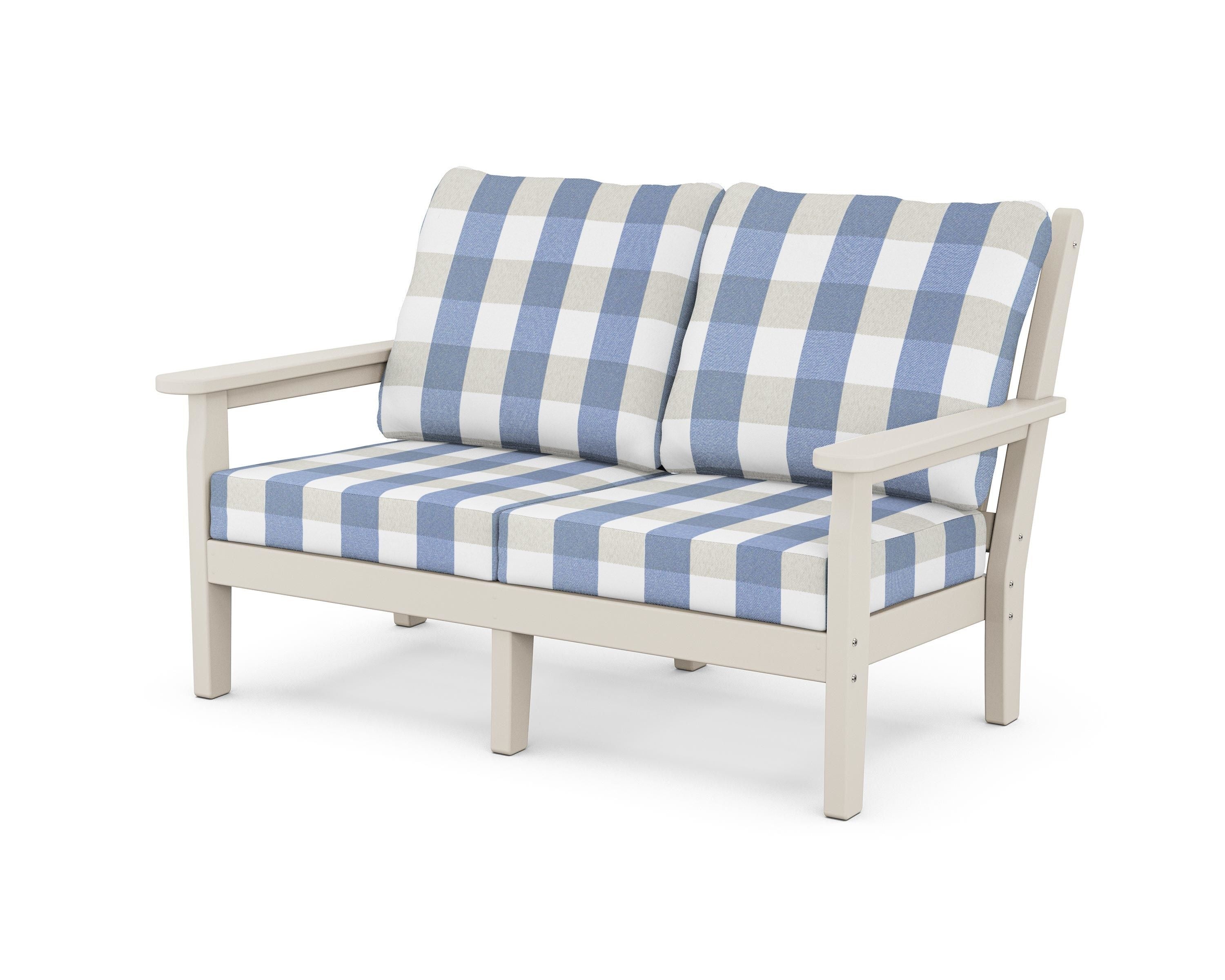 POLYWOOD® Chippendale Deep Seating Loveseat in Sand / Buffalo Plaid Sky Blue