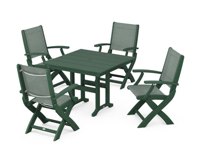 POLYWOOD® Coastal Folding Chair 5-Piece Farmhouse Dining Set in Green / Dupioni Sea Mist Sling
