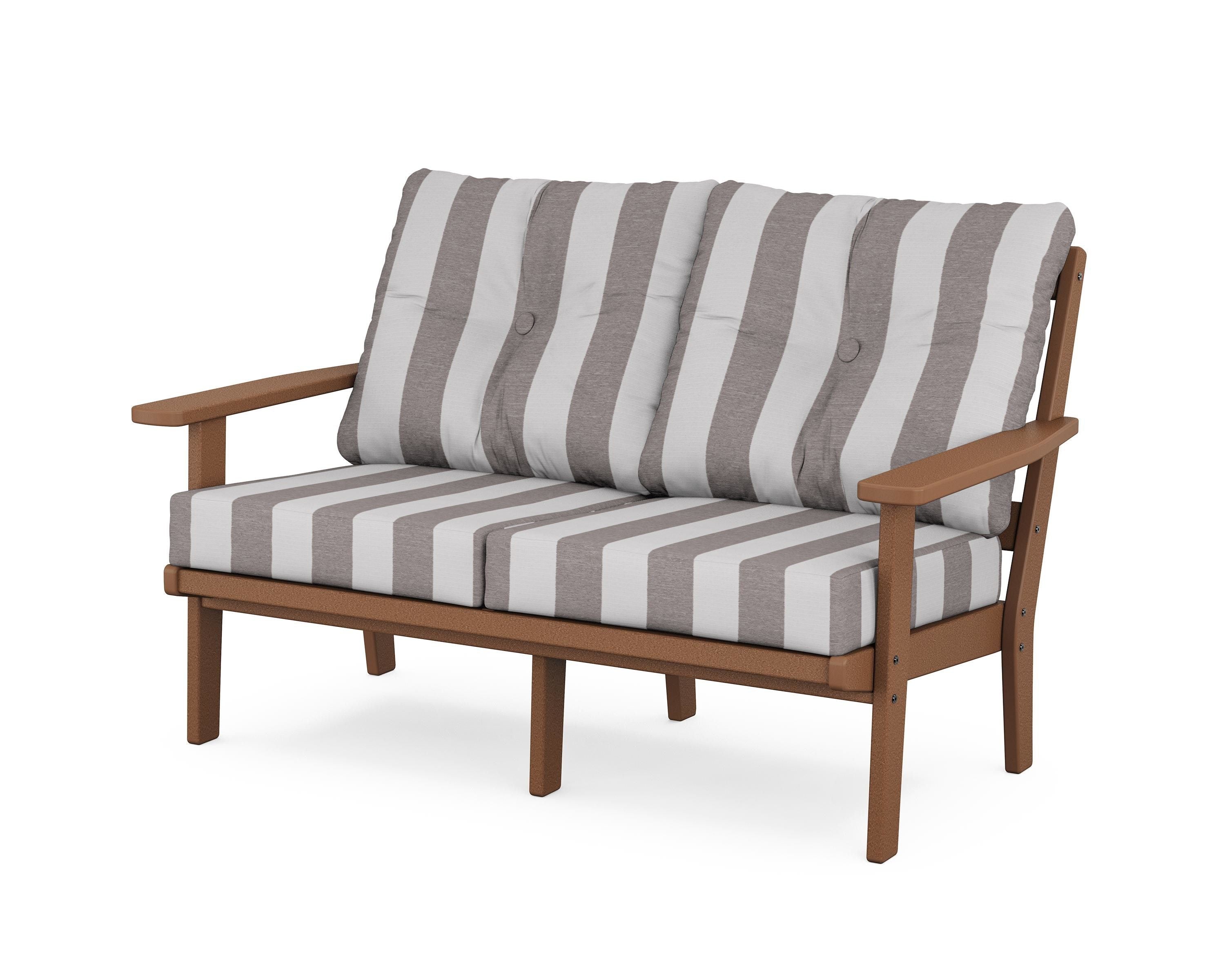 POLYWOOD® Oxford Deep Seating Loveseat in Teak / Cabana Stripe Grey Mist