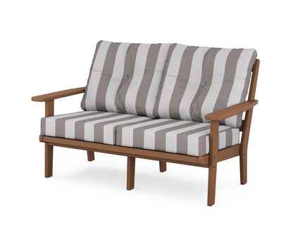 POLYWOOD® Oxford Deep Seating Loveseat in Teak / Cabana Stripe Grey Mist