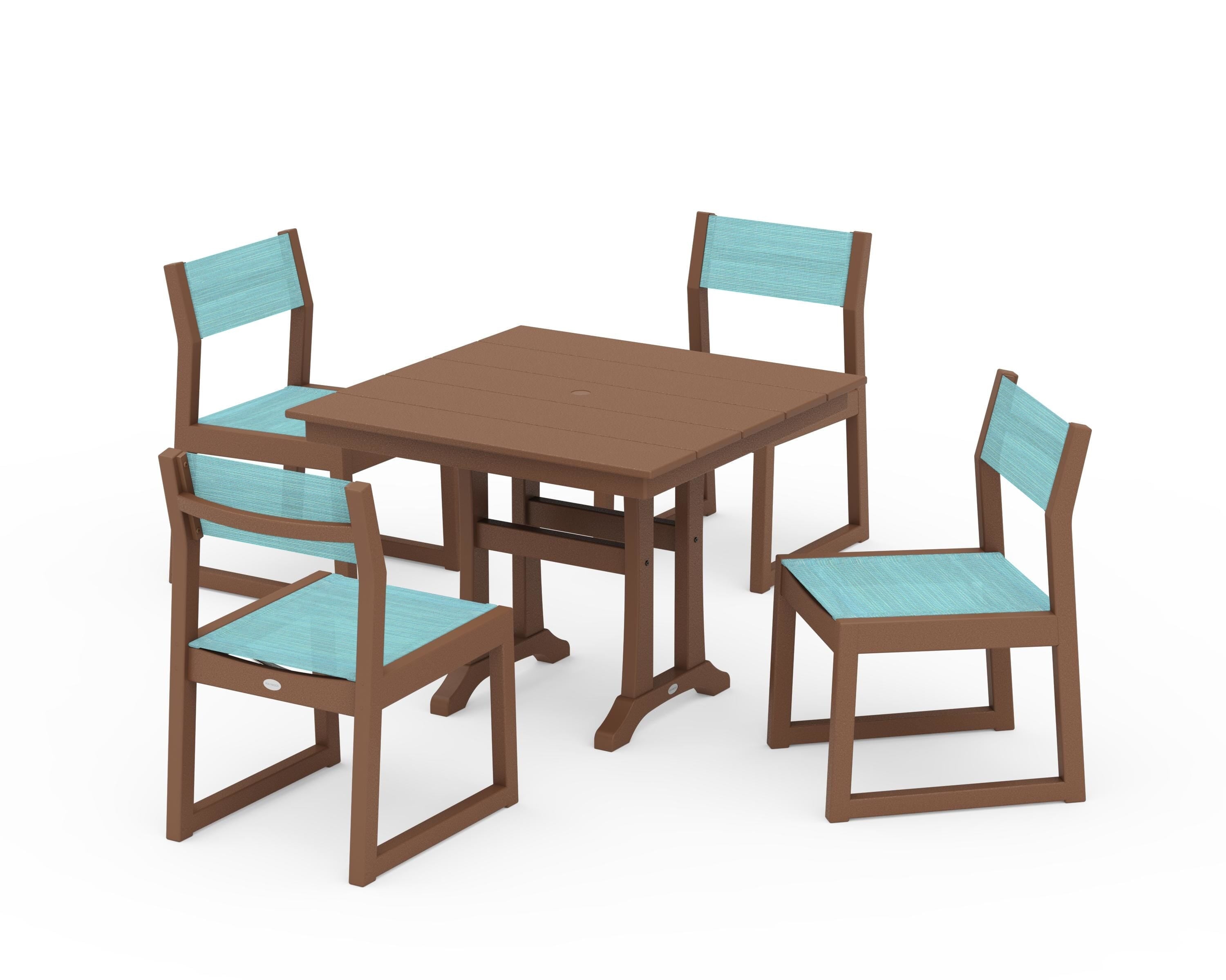 POLYWOOD® EDGE Sling 5-Piece Farmhouse Trestle Side Chair Dining Set in Teak / Dupioni Aquamarine Sling