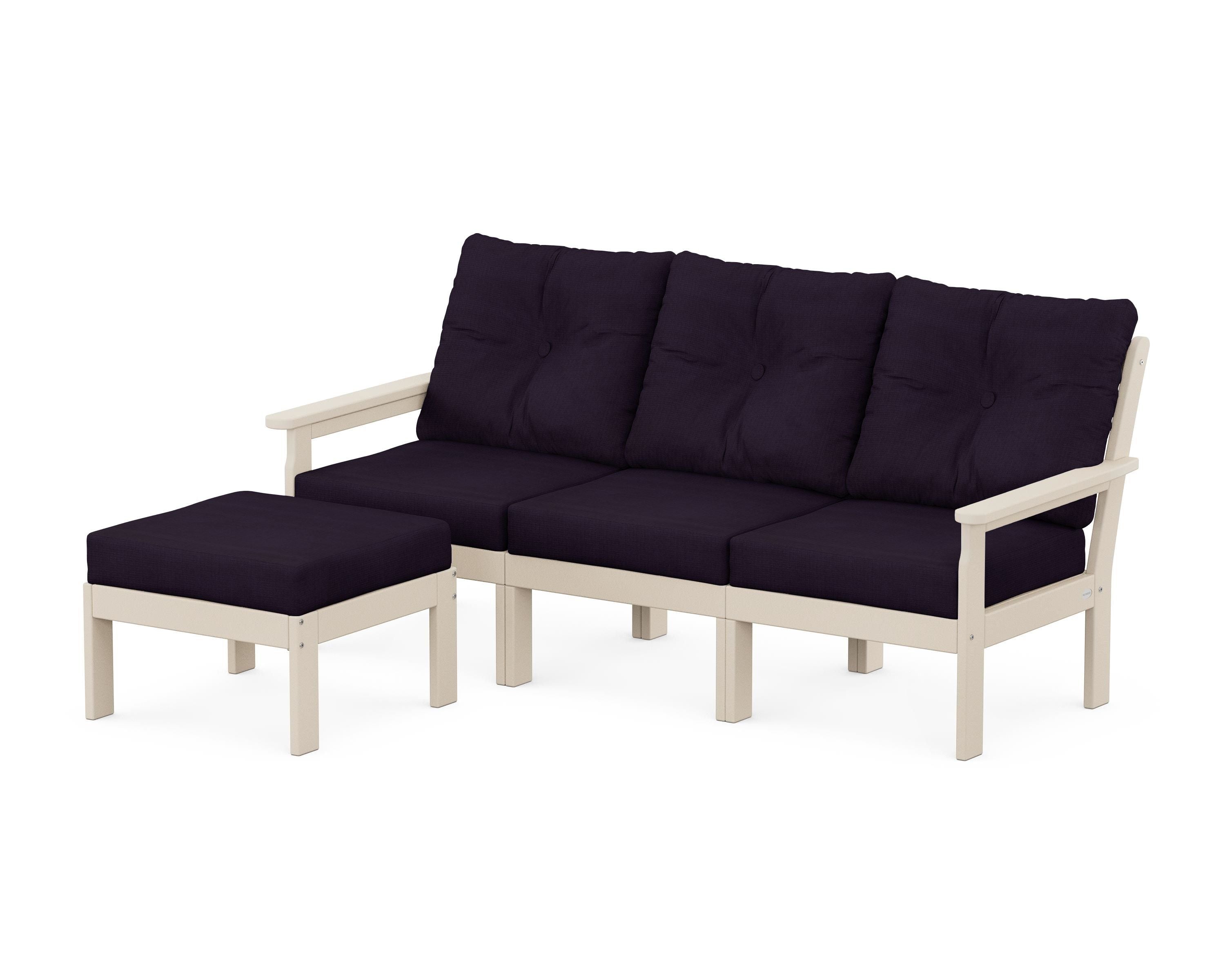 POLYWOOD® Vineyard 4-Piece Sectional with Ottoman in Sand / Navy Linen
