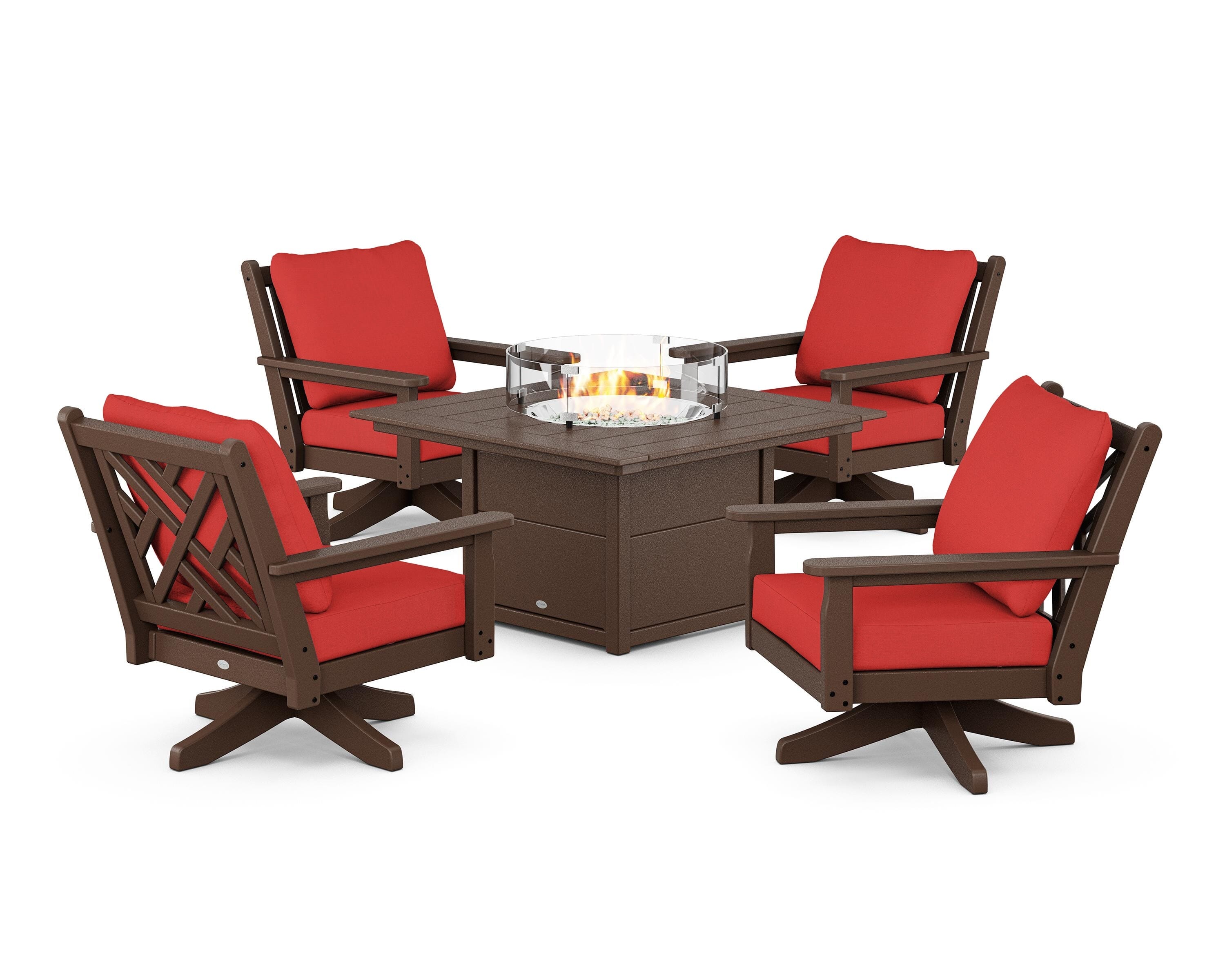 POLYWOOD® Chippendale 5-Piece Deep Seating Swivel Conversation Set with Fire Pit Table in Mahogany / Crimson Linen