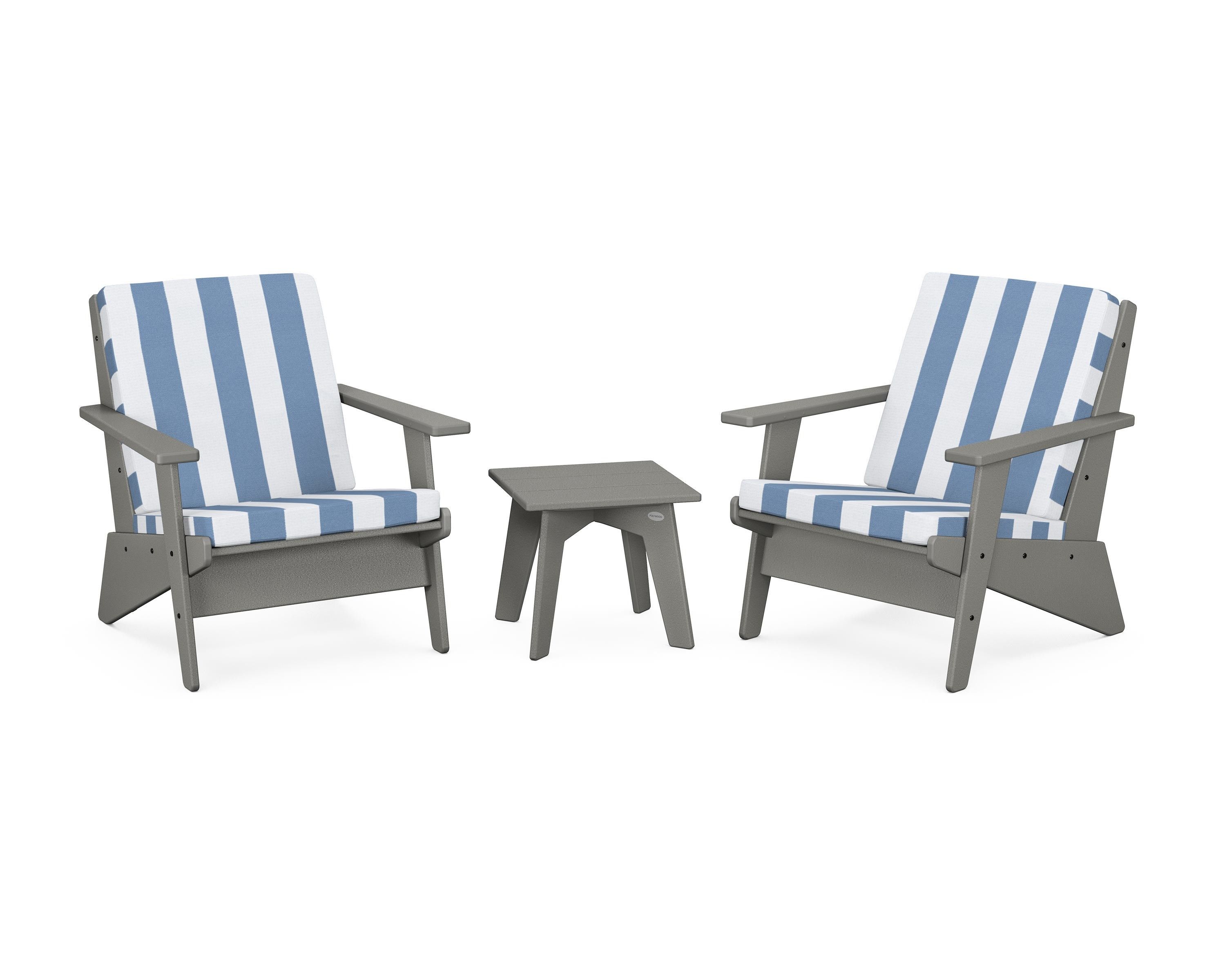 POLYWOOD® Riviera Modern Lounge 3-Piece Set in Slate Grey / Cabana Stripe Sky Blue