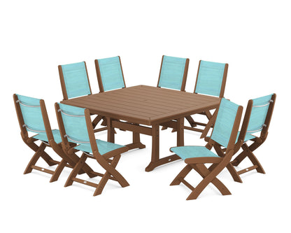 POLYWOOD® Coastal Folding Side Chair 9-Piece Dining Set with Trestle Legs in Teak / Dupioni Aquamarine Sling