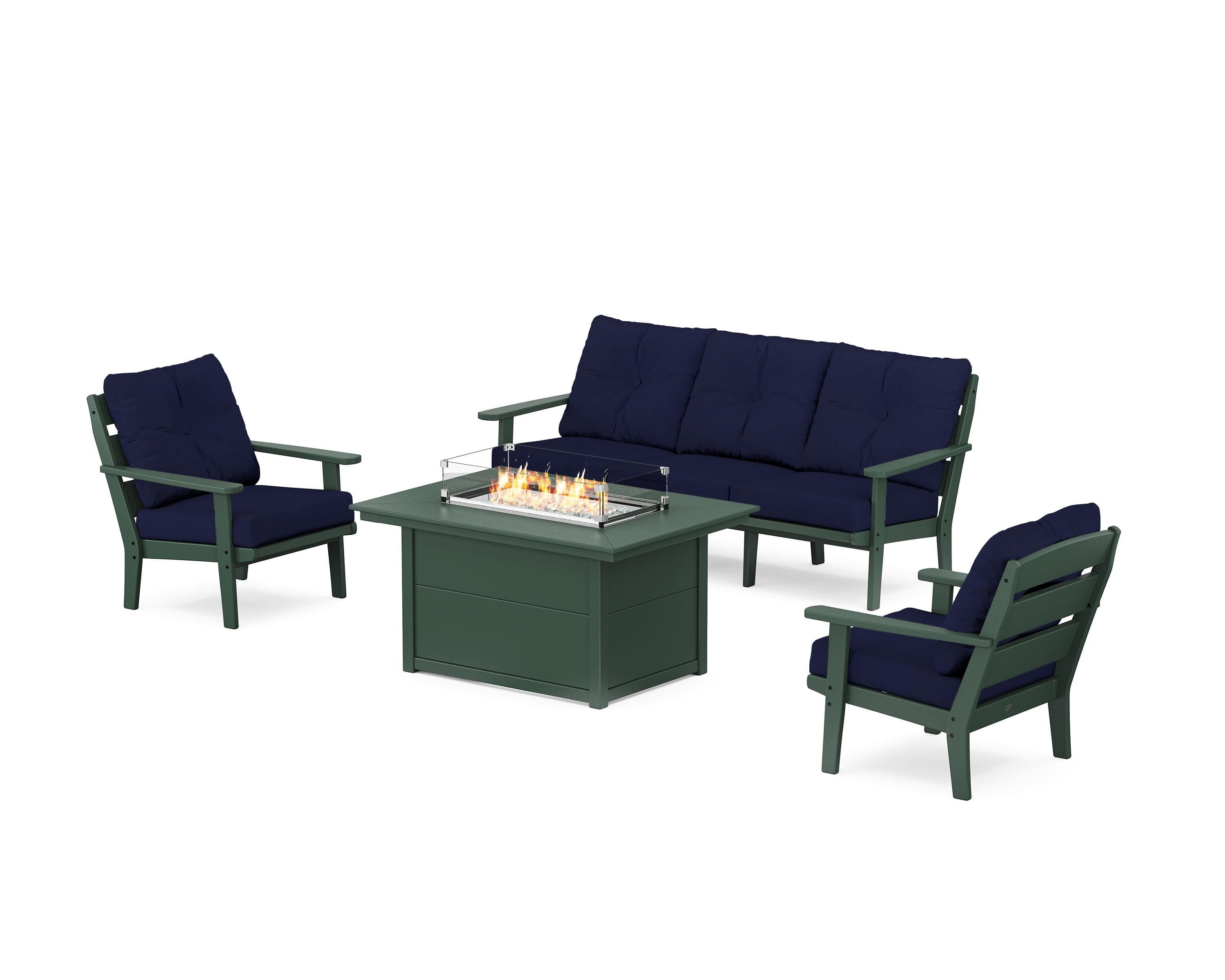 POLYWOOD® Lakeside Deep Seating Fire Pit Table Set in Green / Navy