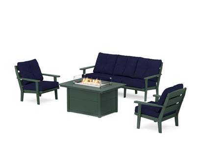 POLYWOOD® Lakeside Deep Seating Fire Pit Table Set in Green / Navy