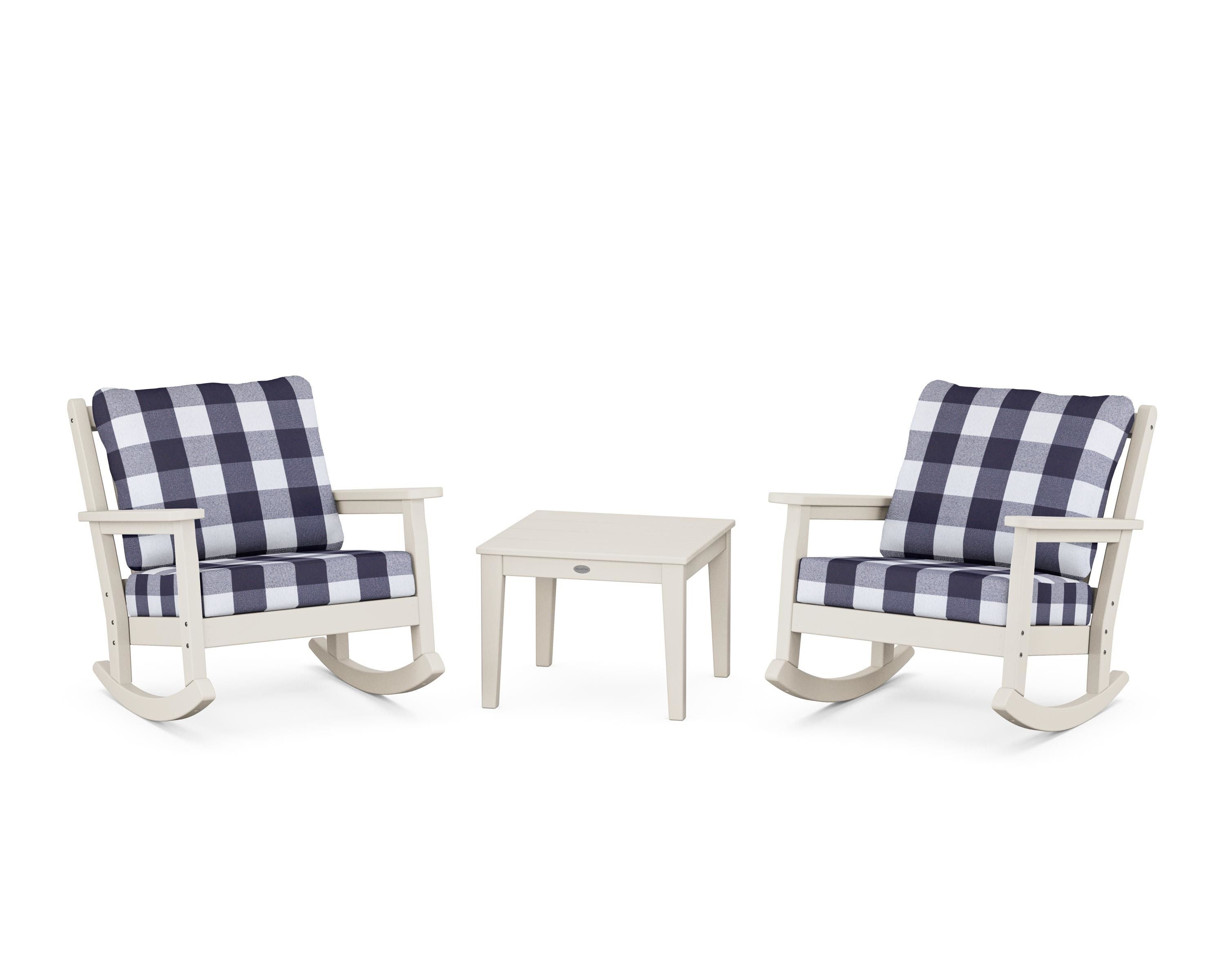POLYWOOD® Chippendale 3-Piece Deep Seating Rocker Set in Sand / Buffalo Plaid Navy