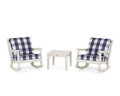 POLYWOOD® Chippendale 3-Piece Deep Seating Rocker Set in Sand / Buffalo Plaid Navy