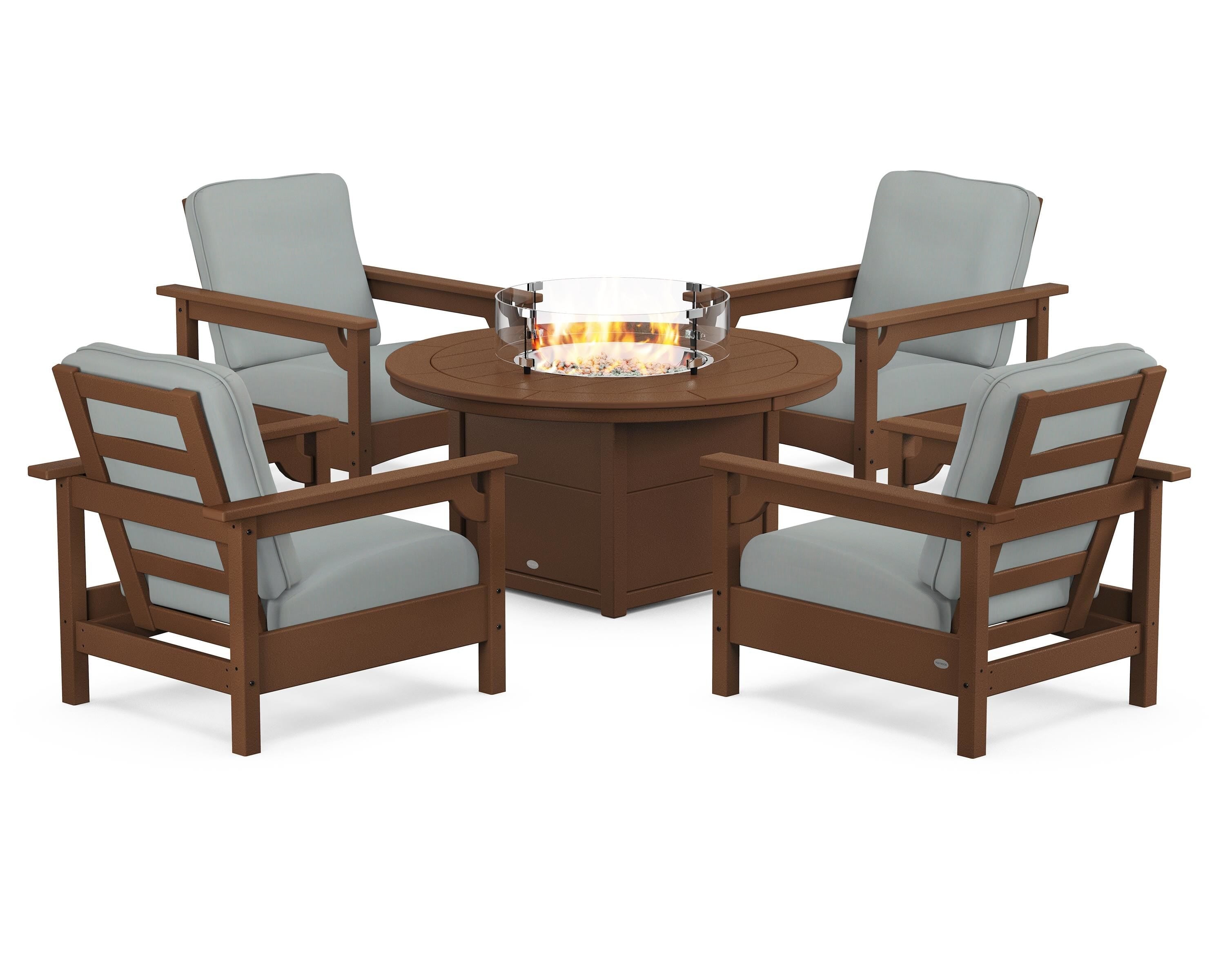POLYWOOD® Club 5-Piece Conversation Set with Fire Pit Table in Teak / Spa