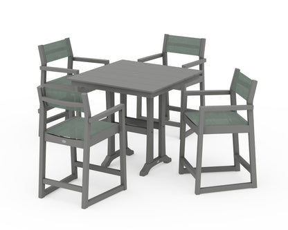 POLYWOOD® EDGE Sling Arm Chair 5-Piece Farmhouse Counter Set with Trestle Legs in Slate Grey / Dupioni Sea Mist Sling