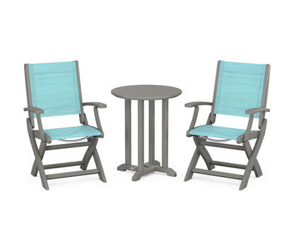 POLYWOOD® Coastal Folding 3-Piece Round Bistro Dining Set in Slate Grey / Dupioni Aquamarine Sling