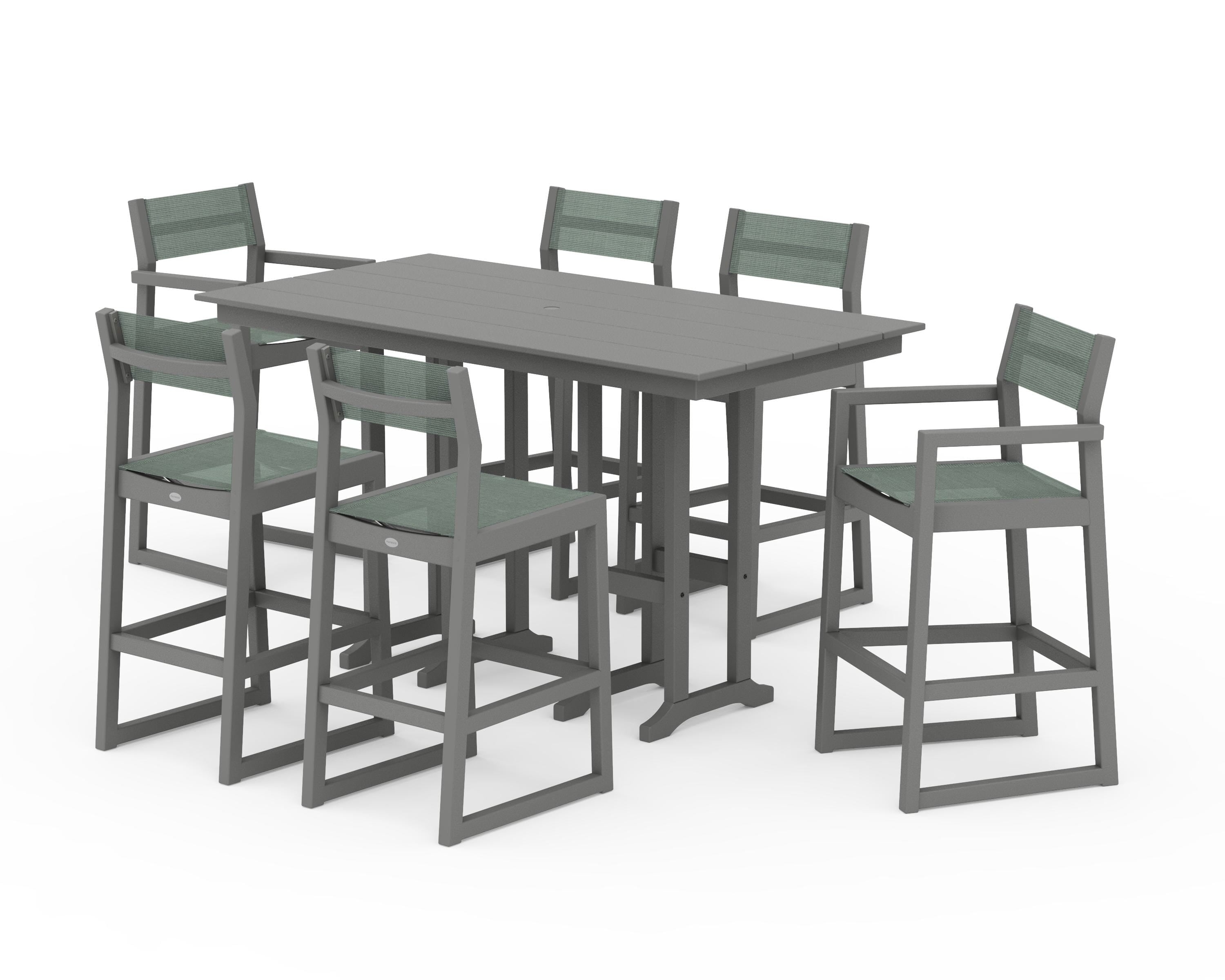 POLYWOOD® EDGE Sling 7-Piece Farmhouse Bar Set in Slate Grey / Dupioni Sea Mist Sling