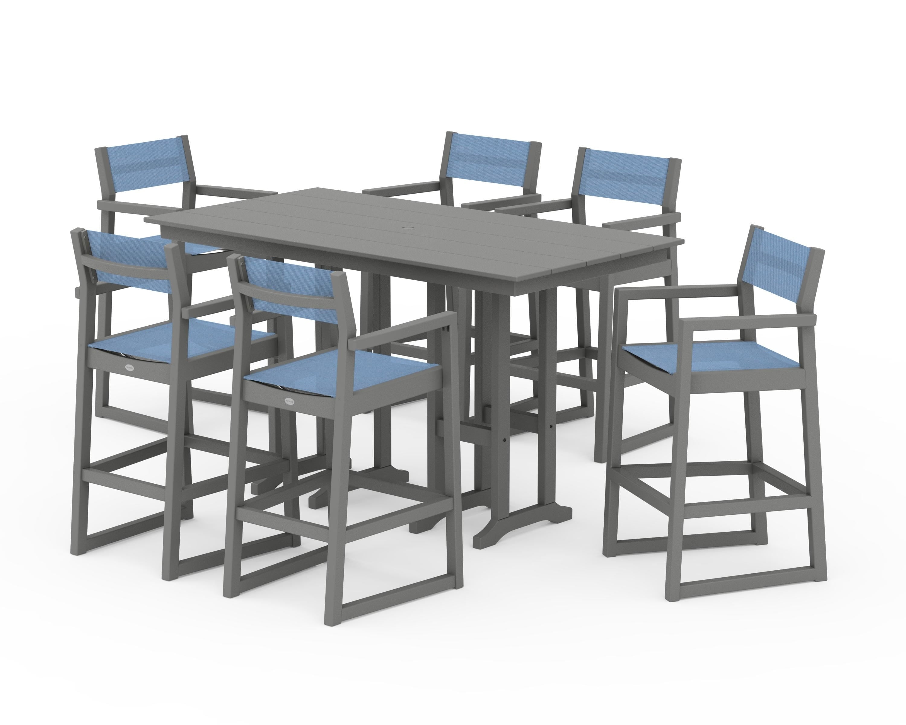 POLYWOOD® EDGE Sling Arm Chair 7-Piece Farmhouse Bar Set in Slate Grey / Poolside Sling