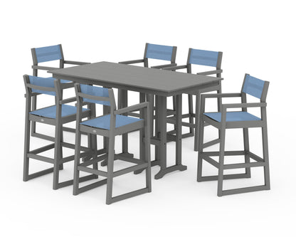POLYWOOD® EDGE Sling Arm Chair 7-Piece Farmhouse Bar Set in Slate Grey / Poolside Sling