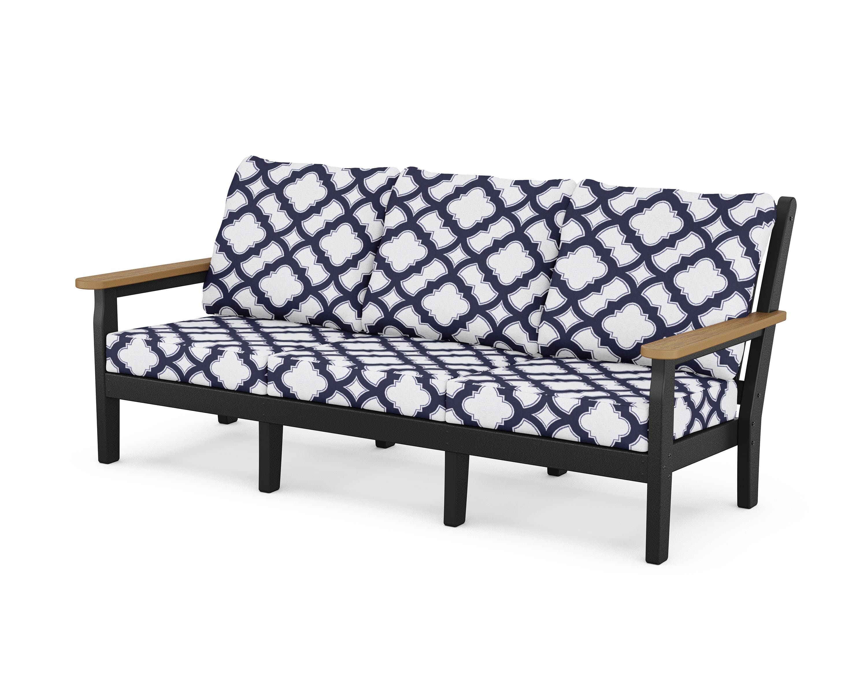 POLYWOOD® Chippendale Deep Seating Sofa in Black / Natural / Trellis Navy