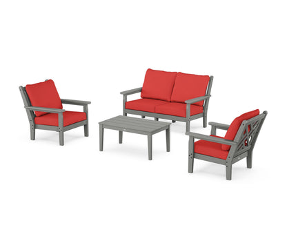 POLYWOOD® Chippendale 4-Piece Deep Seating Set with Loveseat in Slate Grey / Crimson Linen