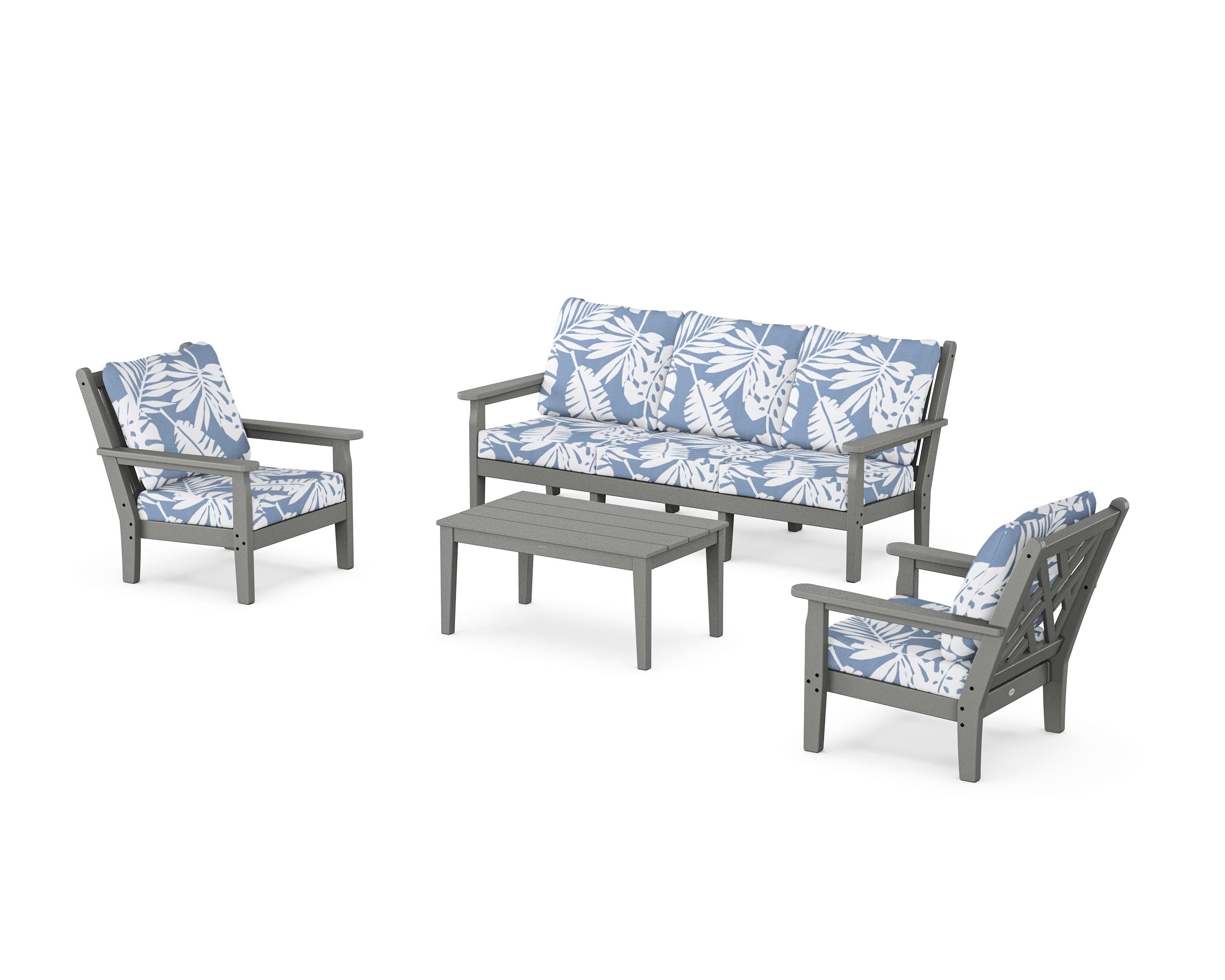 POLYWOOD® Chippendale 4-Piece Deep Seating Set with Sofa in Slate Grey / Leaf Sky Blue