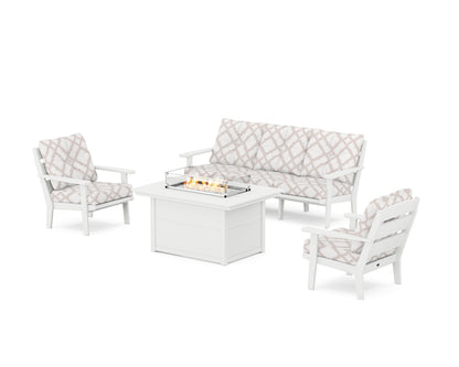 POLYWOOD® Lakeside Deep Seating Fire Pit Table Set in White / Trellis Dune Burlap