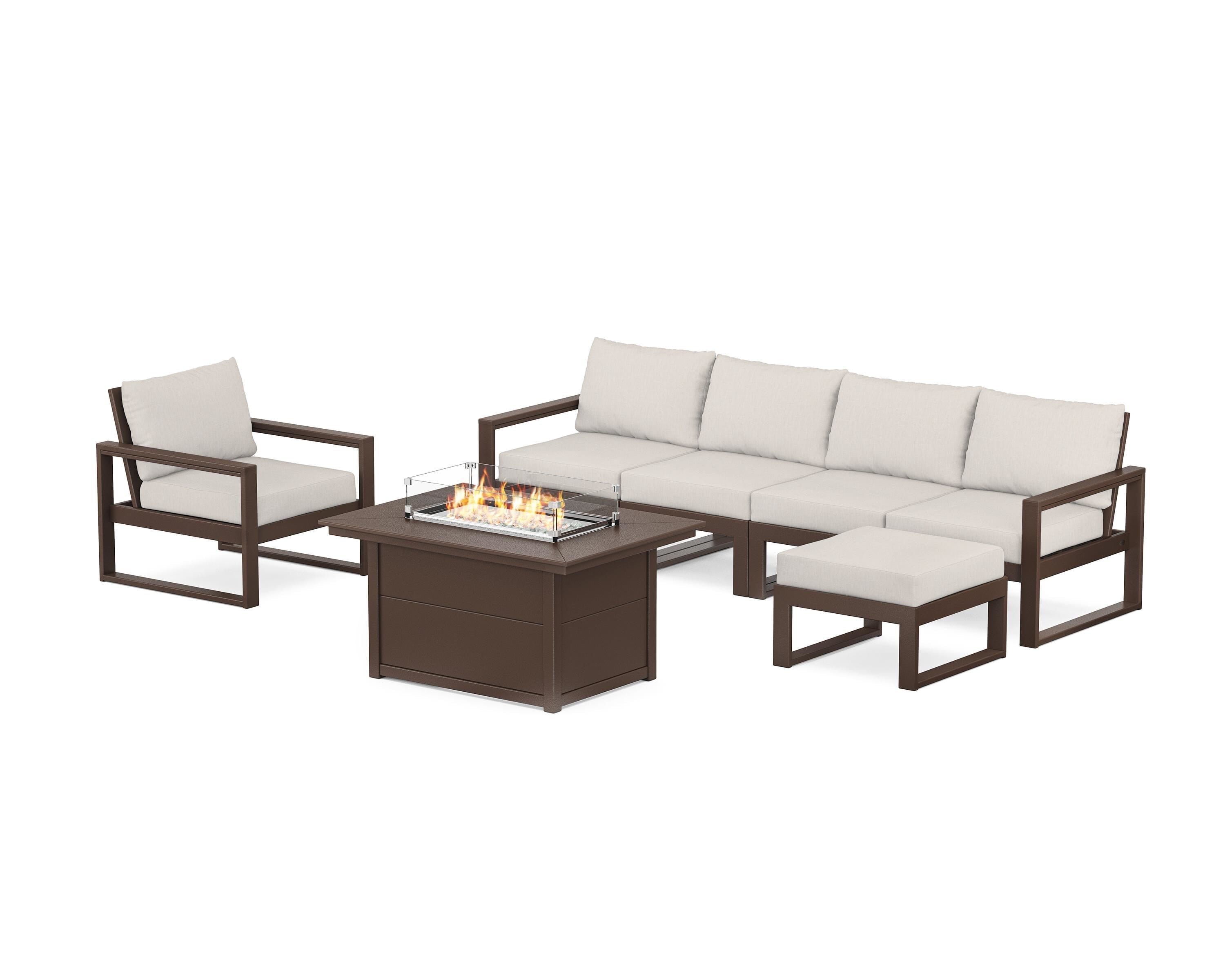 POLYWOOD® EDGE Sectional Lounge and Fire Pit Set in Mahogany / Cast Ash