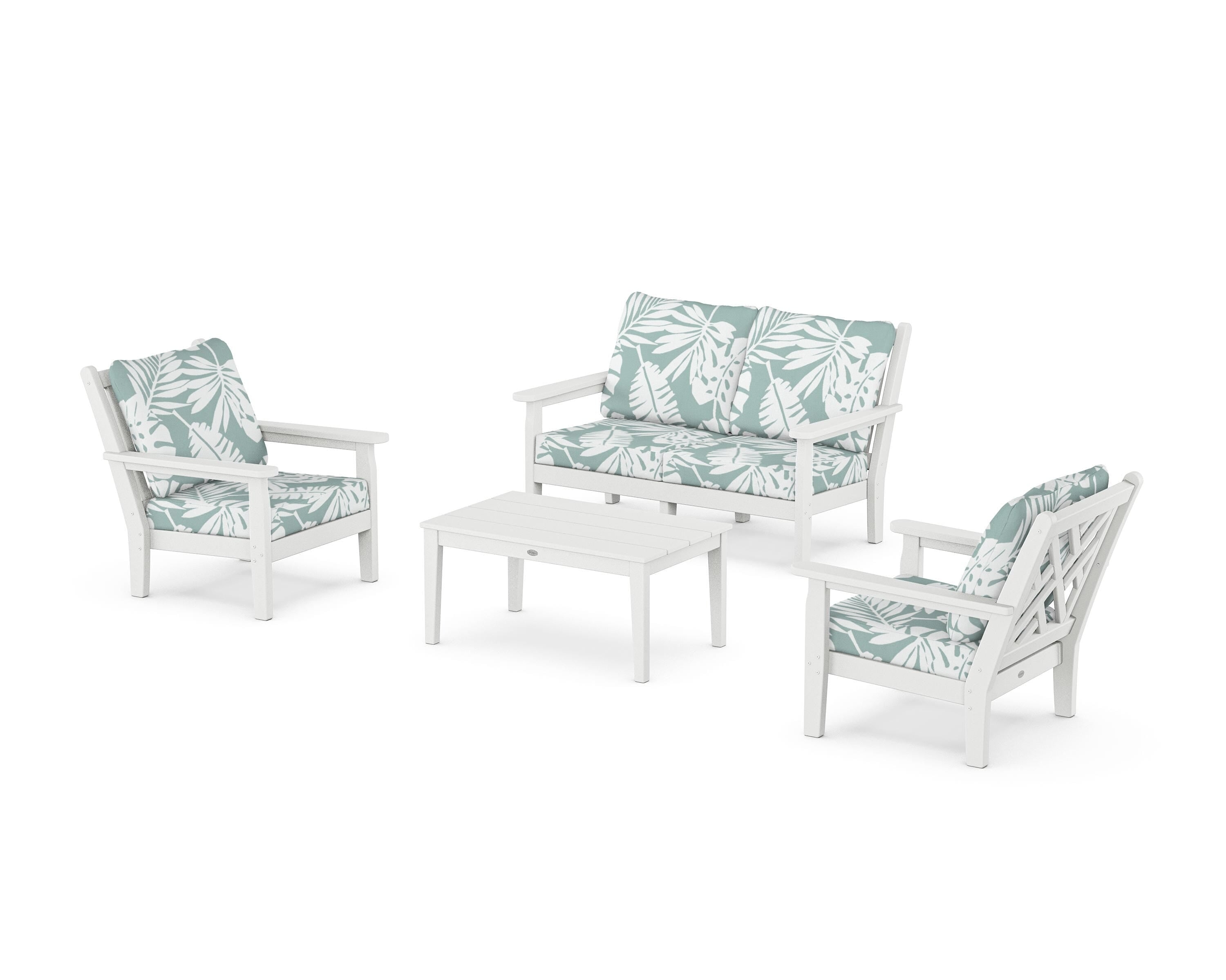 POLYWOOD® Chippendale 4-Piece Deep Seating Set with Loveseat in White / Leaf Glacier Spa