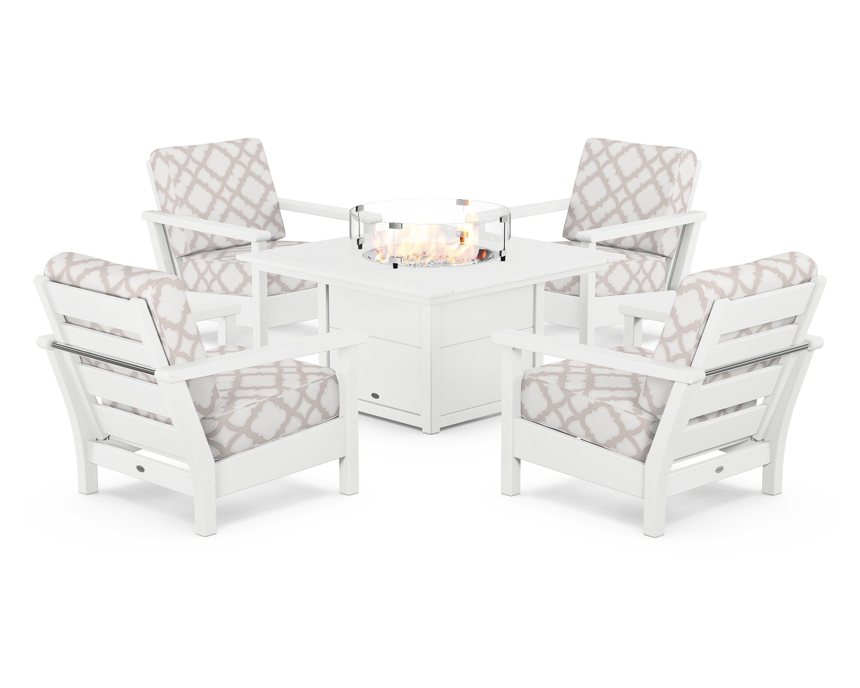 POLYWOOD® Harbour 5-Piece Conversation Set with Fire Pit Table in White / Trellis Dune Burlap