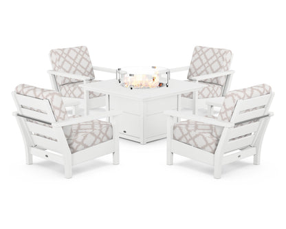 POLYWOOD® Harbour 5-Piece Conversation Set with Fire Pit Table in White / Trellis Dune Burlap