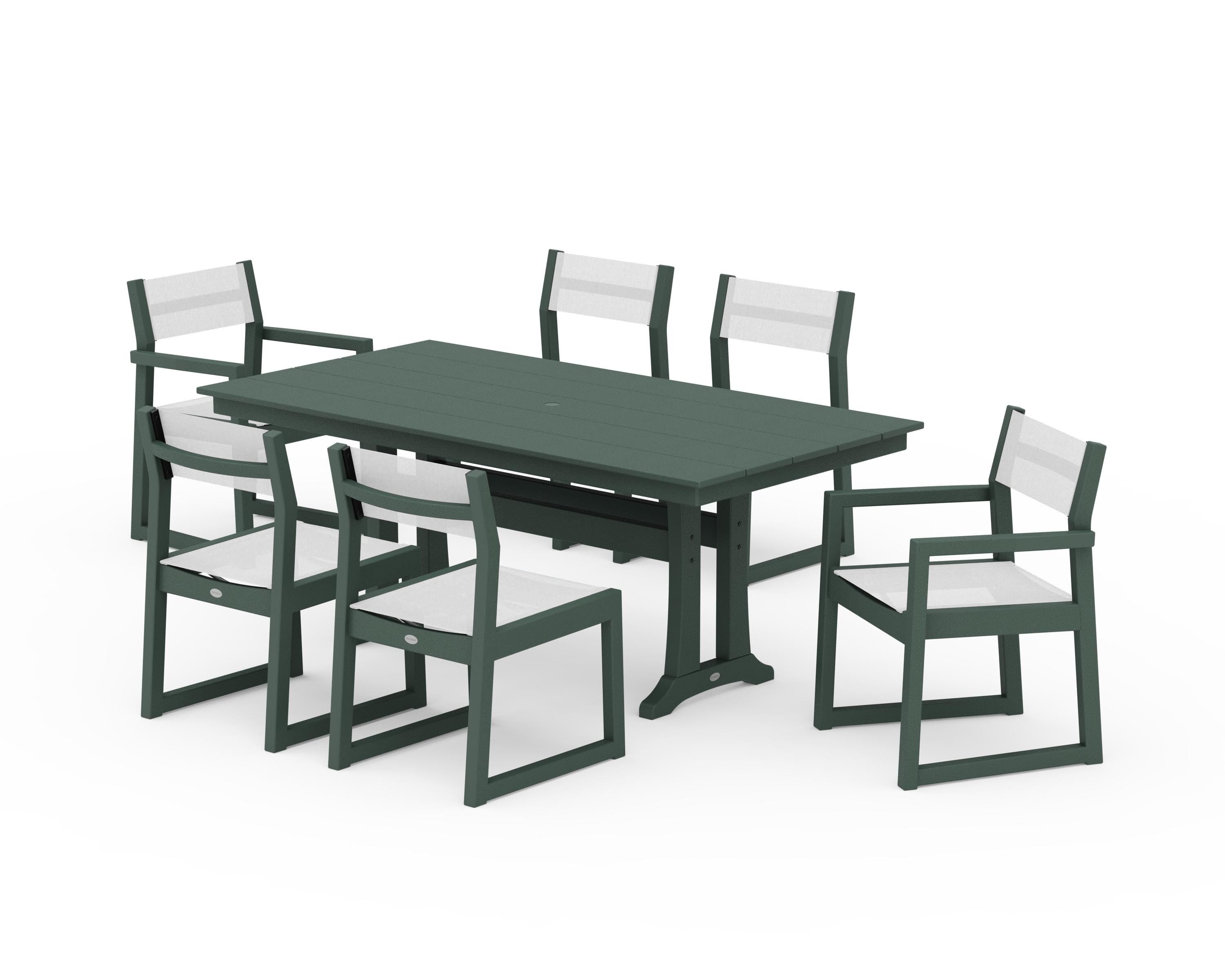 POLYWOOD® EDGE Sling 7-Piece Farmhouse Trestle Dining Set in Green / White Sling