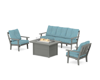 POLYWOOD® Mission Deep Seating Fire Pit Table Set in Slate Grey / Lattice Sky Blue