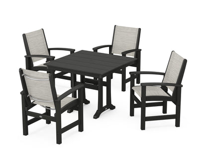 POLYWOOD® Coastal 5-Piece Farmhouse Dining Set With Trestle Legs in Black / Birch Sling