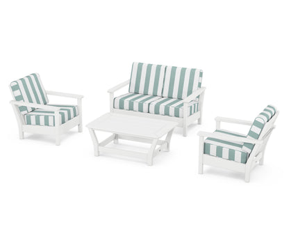 POLYWOOD® Harbour 4-Piece Deep Seating Set in White / Cabana Stripe Glacier Spa