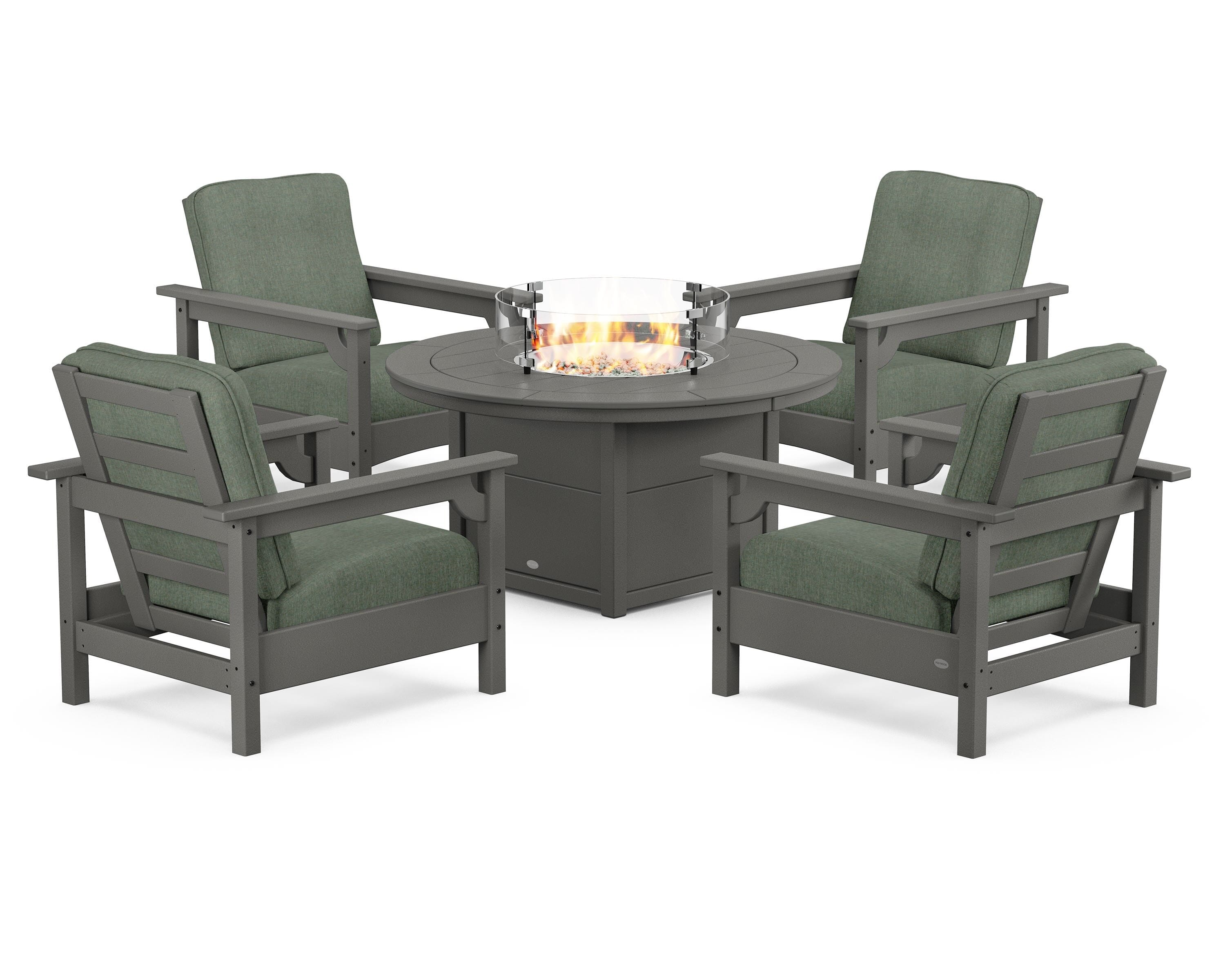 POLYWOOD® Club 5-Piece Conversation Set with Fire Pit Table in Slate Grey / Cast Sage