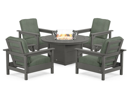 POLYWOOD® Club 5-Piece Conversation Set with Fire Pit Table in Slate Grey / Cast Sage