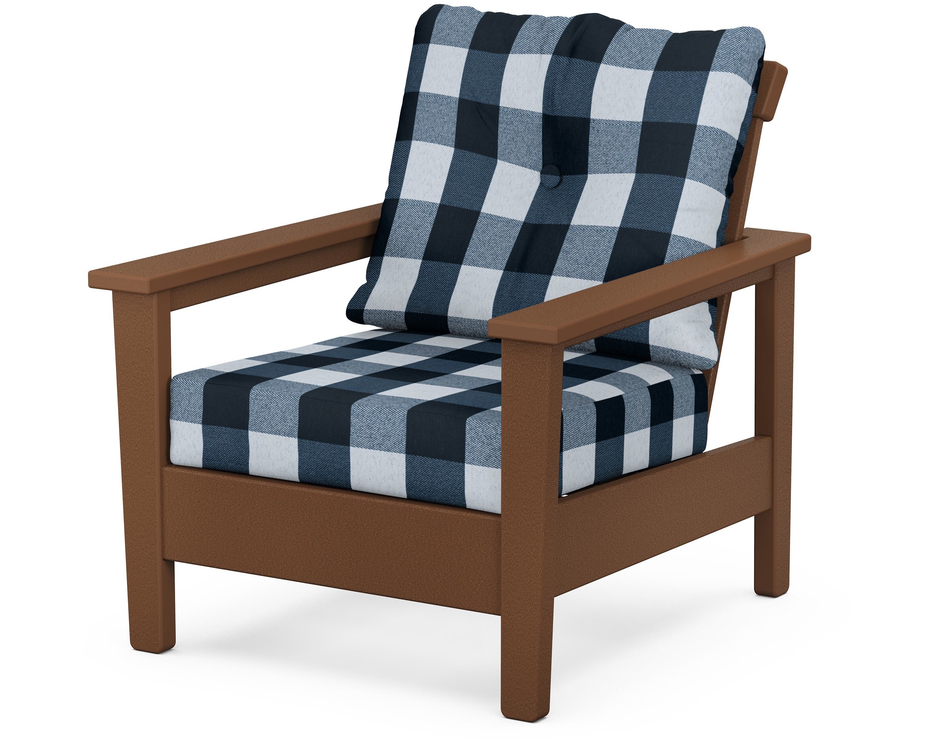 POLYWOOD® Prescott Deep Seating Chair in Teak / Buffalo Plaid Marine Indigo