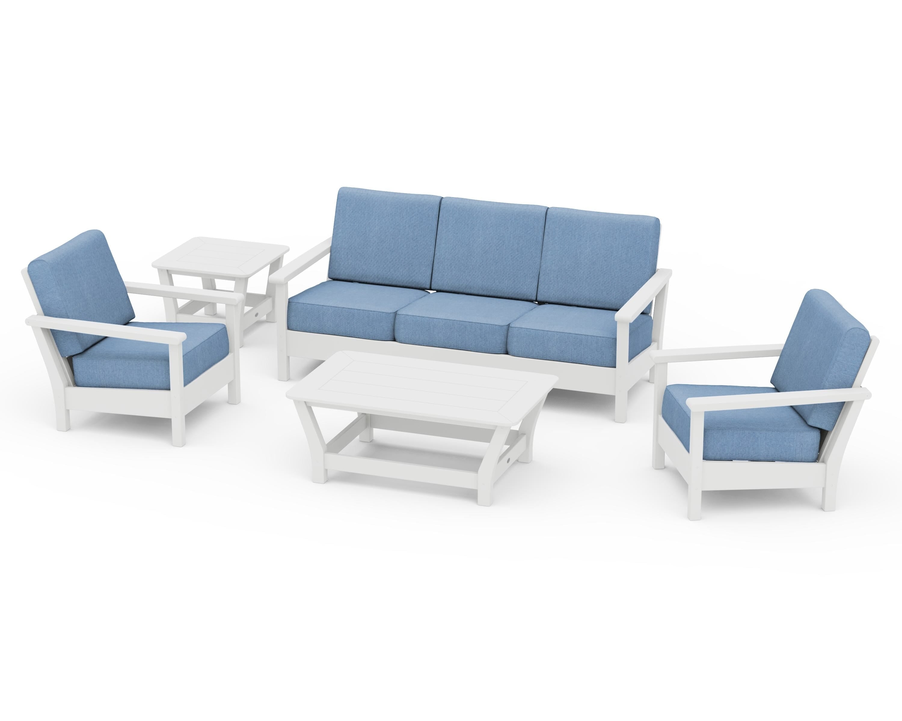 POLYWOOD® Harbour 5-Piece Deep Seating Set in White / Sky Blue