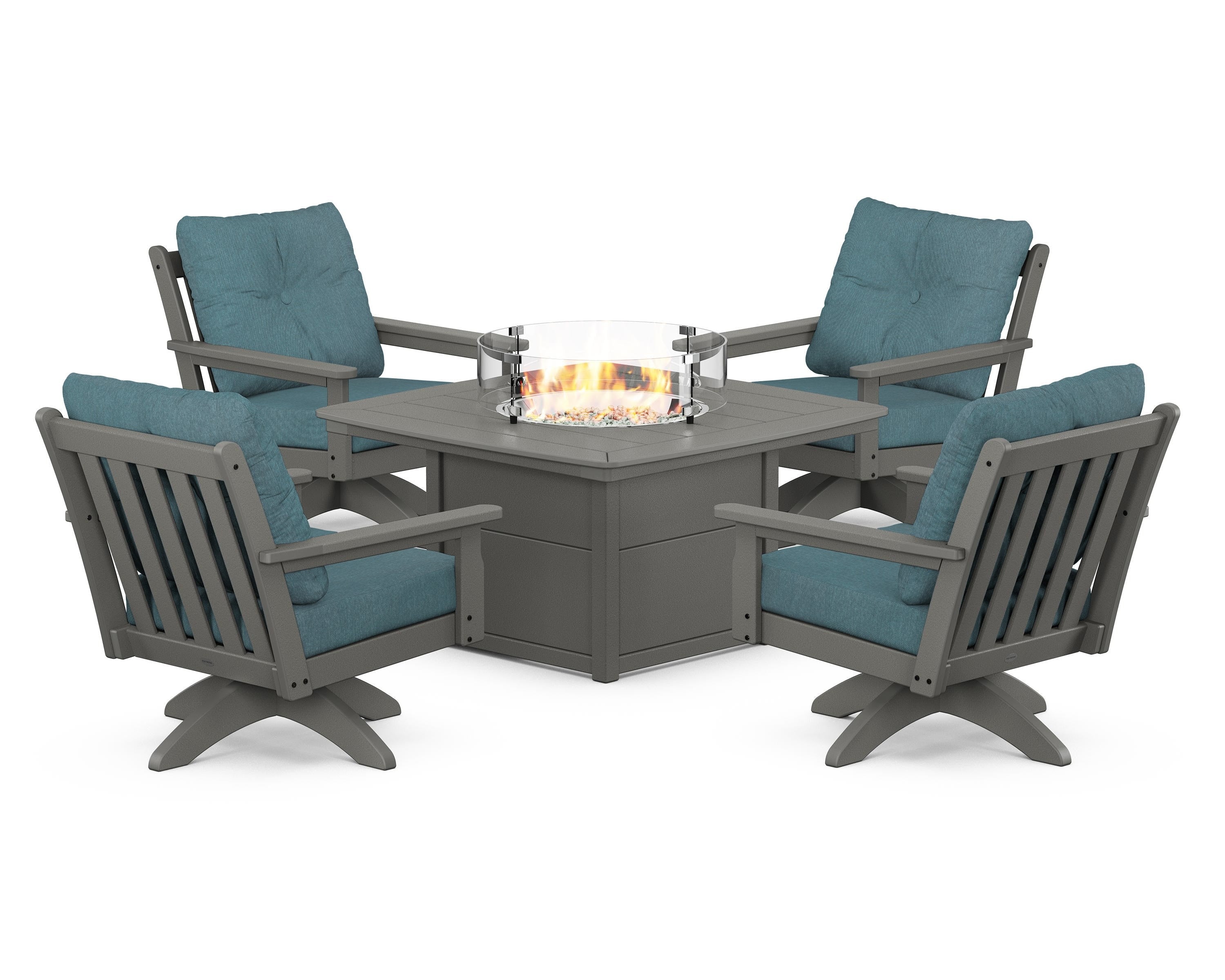 POLYWOOD® Vineyard 5-Piece Deep Seating Swivel Conversation Set with Fire Pit Table in Slate Grey / Ocean Teal