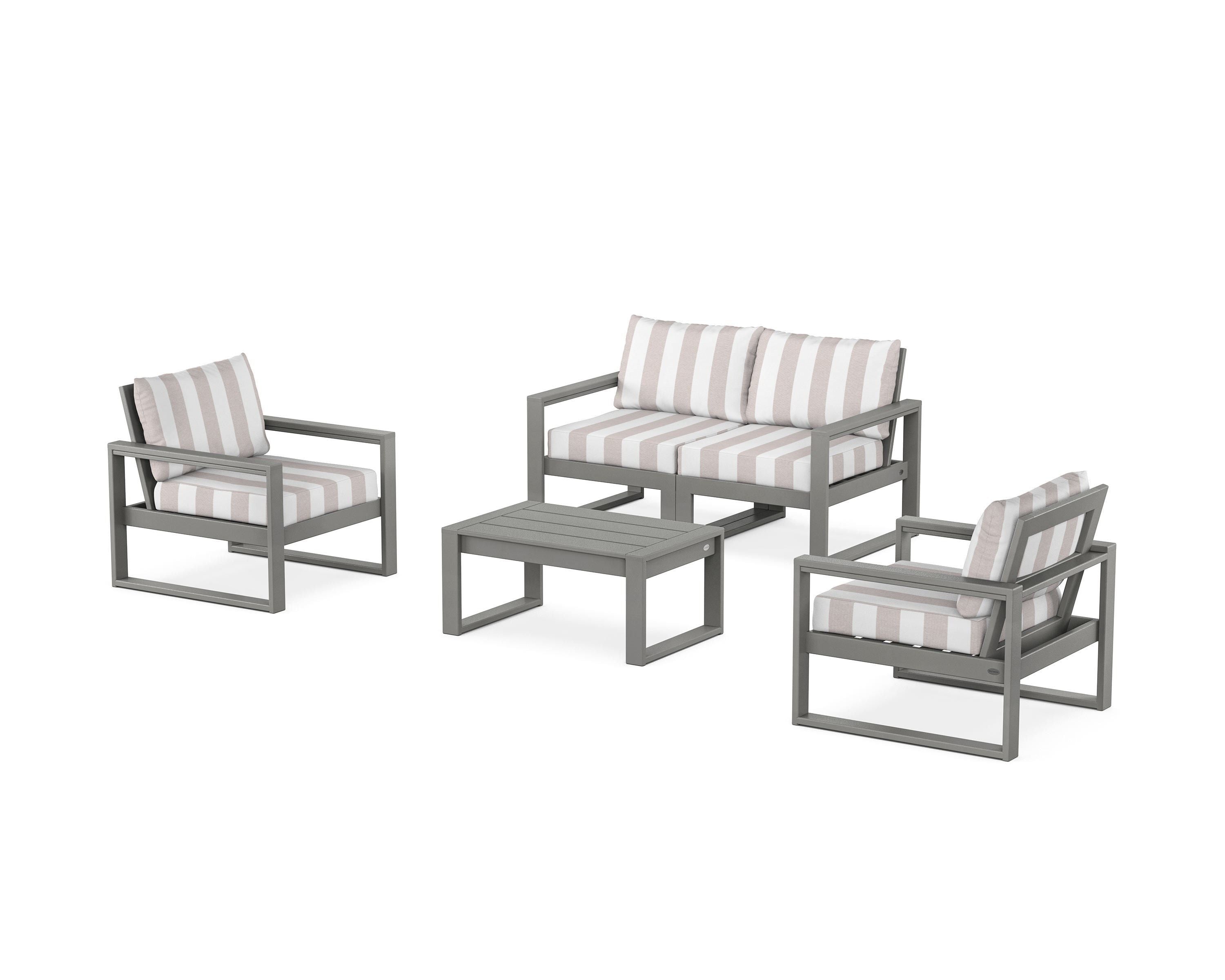 POLYWOOD® EDGE Sectional 4-Piece Deep Seating Set with Loveseat in Slate Grey / Cabana Stripe Dune Burlap